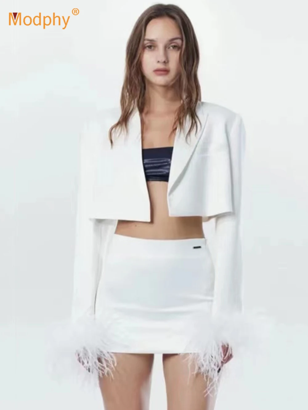 Modphy Female Chic Suit Women Solid Color Long Sleeve Coat Mini Skirt Suits 2022 New Fashion Feather Blazer Two Piece Set
Modphy Female Chic Suit Women Solid Color Long Sleeve Coat Mini Skirt Suits 2022 New Fashion Feather Blazer Two Piece Set