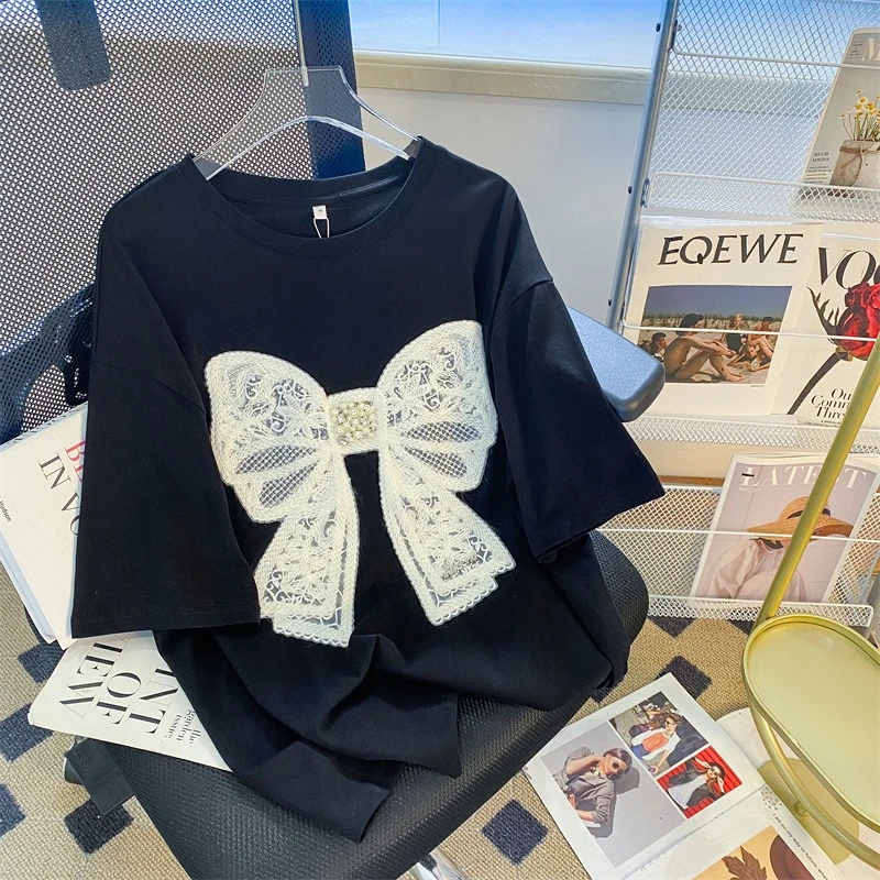 Summer T-shirts Women's Oversized Short Sleeve Tops Korean Girls Black Bottom White Beading Bow Embroidery Loose Tshirt
Summer T-shirts Women's Oversized Short Sleeve Tops Korean Girls Black Bottom White Beading Bow Embroidery Loose Tshirt