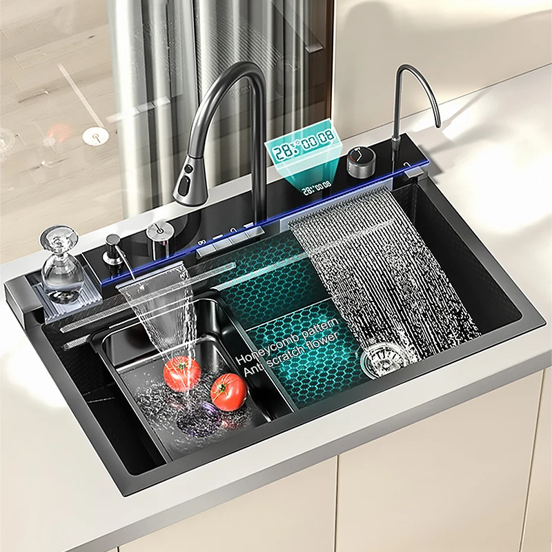 Waterfall Kitchen Sink 304 Stainless Steel Sink Digital Display Large Single Slot Multifuctional Sink With Waterfall Faucet
Waterfall Kitchen Sink 304 Stainless Steel Sink Digital Display Large Single Slot Multifuctional Sink With Waterfall Faucet
