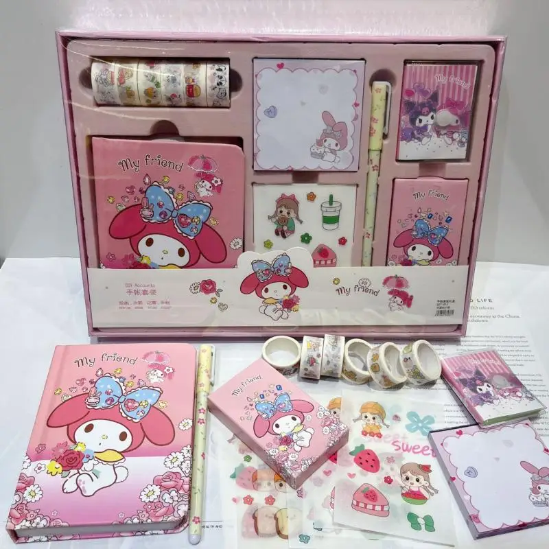 Sanrio My Melody Cinnamoroll Cartoon Handbook Set Kuromi Anime Combo Cute Girl Tape Stickers Student Notepad Pen Set Sweet Gift
Sanrio My Melody Cinnamoroll Cartoon Handbook Set Kuromi Anime Combo Cute Girl Tape Stickers Student Notepad Pen Set Sweet Gift