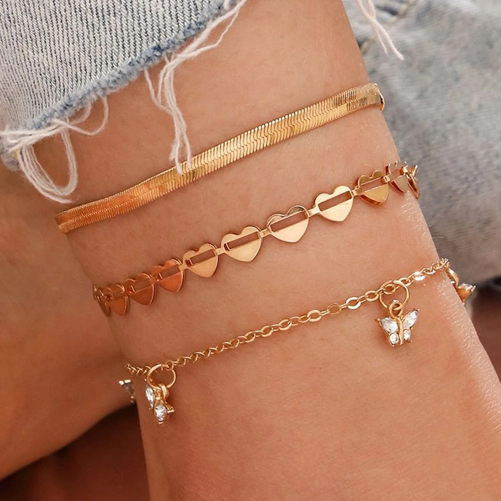 Fashion Simple Snake Chain Heart Point Rhinestones Butterfly Pendant Anklet 3-piece Set Bohemian Charm Style For Women
Fashion Simple Snake Chain Heart Point Rhinestones Butterfly Pendant Anklet 3-piece Set Bohemian Charm Style For Women