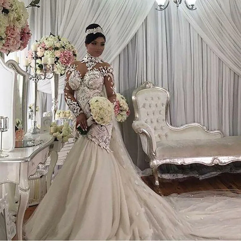 Plus Size Illusion Long Sleeve Mermaid Wedding Dresses Nigeria High Neck Full back Dubai Arabic Castle Wedding Gown Dress
Plus Size Illusion Long Sleeve Mermaid Wedding Dresses Nigeria High Neck Full back Dubai Arabic Castle Wedding Gown Dress