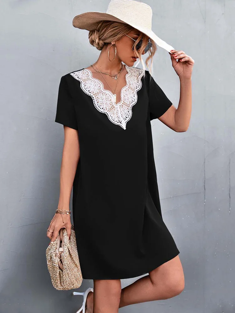 Summer Black Lace Dress Women V Neck Short Dress Female Casual Loose Tshirt Dresses Short Sleeve 2022
Summer Black Lace Dress Women V Neck Short Dress Female Casual Loose Tshirt Dresses Short Sleeve 2022
