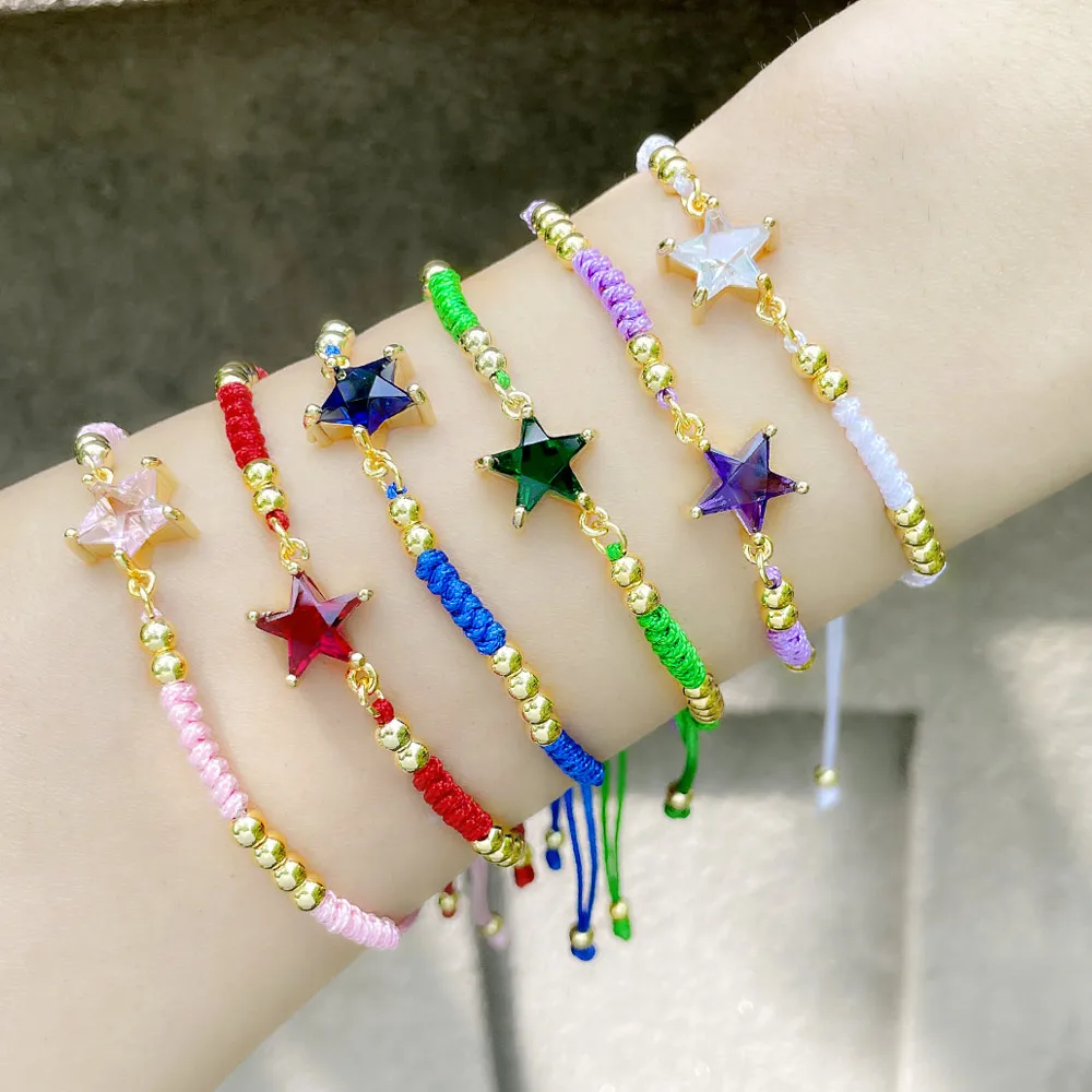 FLOLA Colorful Rope Chain Crystal Star Bracelets Copper Gold Plated Beads Adjustable Bracelets Rainbow Jewelry Gifts brth08
FLOLA Colorful Rope Chain Crystal Star Bracelets Copper Gold Plated Beads Adjustable Bracelets Rainbow Jewelry Gifts brth08