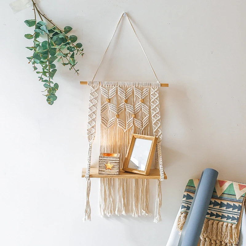 Boho Macrame Wall Hanging Rope And Shelf Handmade Woven Tassel Tapestry Rack Wood Floating Storage Hanger Wall Decor
Boho Macrame Wall Hanging Rope And Shelf Handmade Woven Tassel Tapestry Rack Wood Floating Storage Hanger Wall Decor