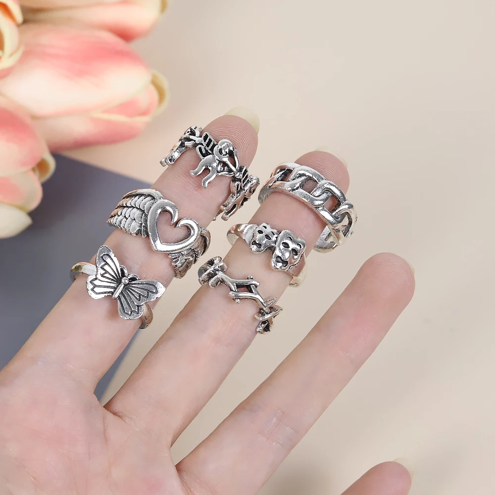 Vintage Rings Silver Plated Angel Wings Ring for Womens Gothic Punk Steampunk Heart Butterfly Skull Ring Sets Jewelry
Vintage Rings Silver Plated Angel Wings Ring for Womens Gothic Punk Steampunk Heart Butterfly Skull Ring Sets Jewelry