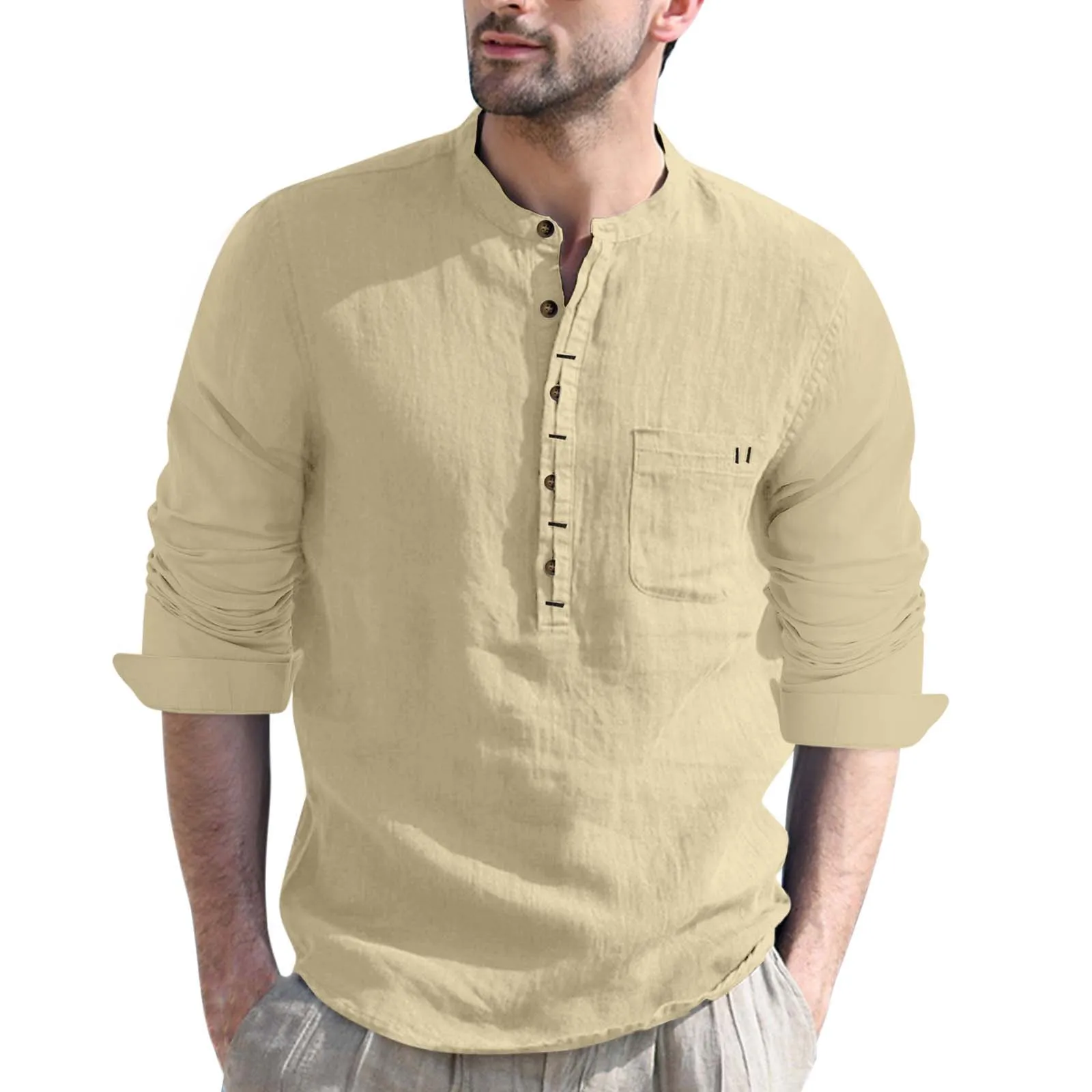 Workout Shirts for Men Loose Fit Male Casual Solid T Shirt Blouse Pocket Long Sleeve Button Stand Collar Mens Ling Sleeved Shirt
Workout Shirts for Men Loose Fit Male Casual Solid T Shirt Blouse Pocket Long Sleeve Button Stand Collar Mens Ling Sleeved Shirt