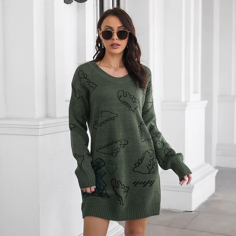 Women Spring Autumn Long Sleeve Dinosaur Casual Top Sweater Dress Female Clothing V Neck Knitted Streetwear Ladies Loose Dress
Women Spring Autumn Long Sleeve Dinosaur Casual Top Sweater Dress Female Clothing V Neck Knitted Streetwear Ladies Loose Dress