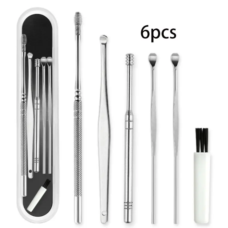 6Pcs/Set Stainless Steel Ear Wax Removal Tool Cleaner Kit Spiral Earwax Curette Pick Spoons Cleaning Brush Health Care with Case 
6Pcs/Set Stainless Steel Ear Wax Removal Tool Cleaner Kit Spiral Earwax Curette Pick Spoons Cleaning Brush Health Care with Case