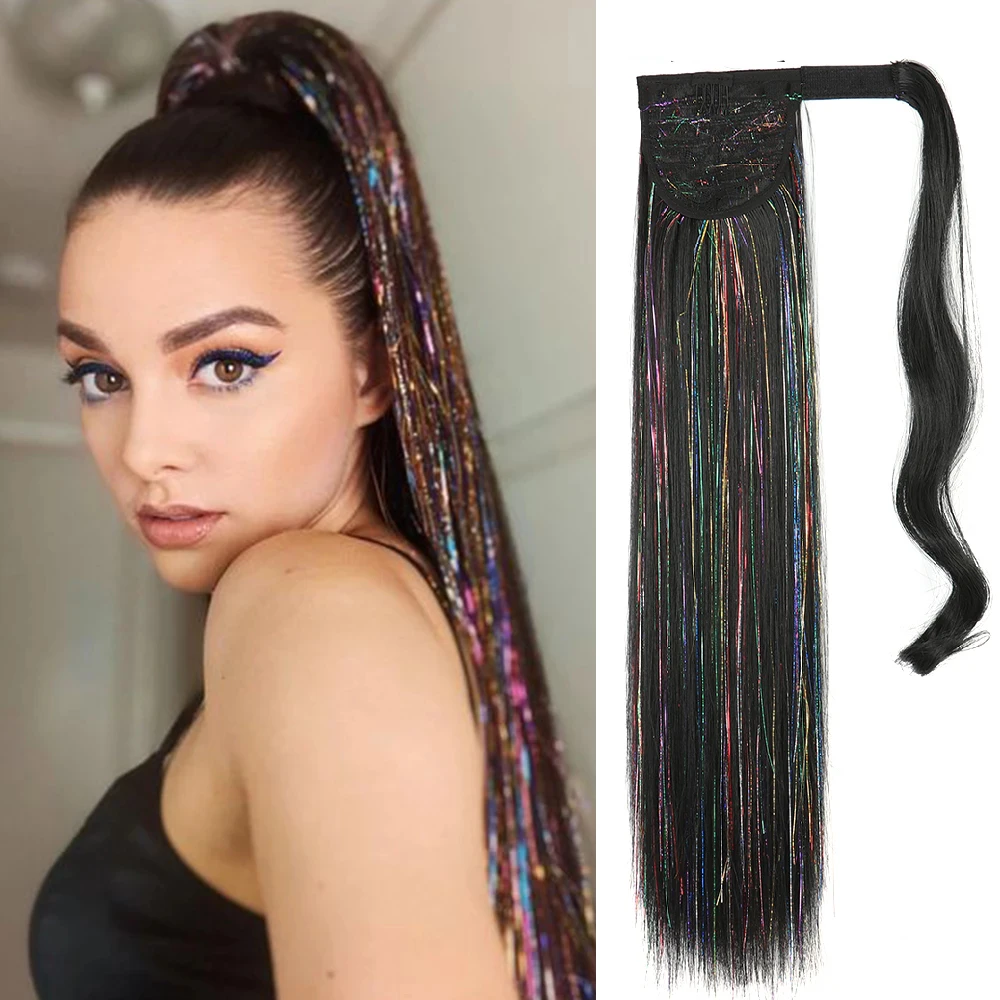 

Colorful Tinsel Laser Synthetic Pony Tail Fake Hair Long Straight Wrap Around Clip In Ponytail Hair Extension Women Hairpieces
