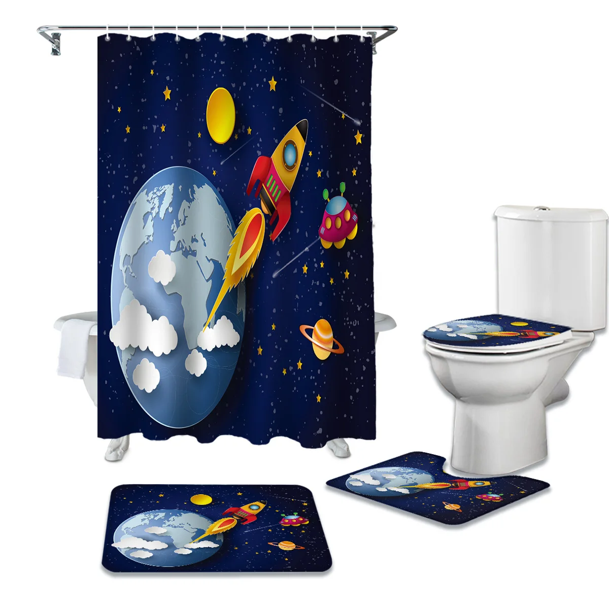 Galaxy Cartoon Rocket Universe Shower Curtain Set Carpet Cover Toilet Cover Bathroom Mat Bathroom Household
Galaxy Cartoon Rocket Universe Shower Curtain Set Carpet Cover Toilet Cover Bathroom Mat Bathroom Household