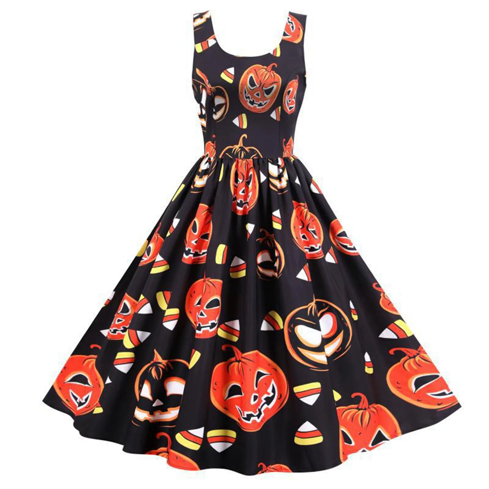 

Women Halloween Casual Dresses Sleeveless Strappy A-line Flared Party Costume Pumpkin Ghost Skull women dress