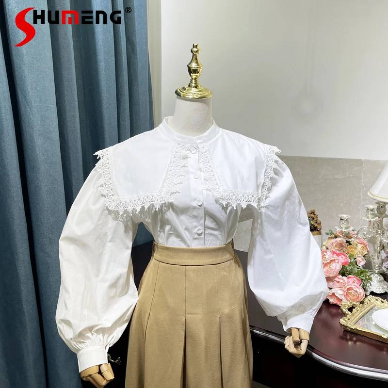 

Sweet Lace Doll Collar Shirt Top for Women 2022 Spring New Graceful Stand Collar Bubble Long Sleeve Loose White Blouse Camisas
