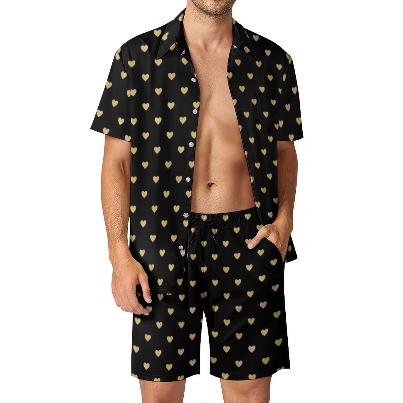 

Пляжные мужские комплекты с принтом сердца, повседневный комплект рубашки с рассыпчатыми золотыми сердечками, летние шорты с узором, модный костюм из двух предметов