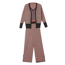 New Autumn Winter Knitted Three Piece Set Women Striped Long Sleeve Cardigan + Vest + Angle Length Pants Womens Tracksuit
