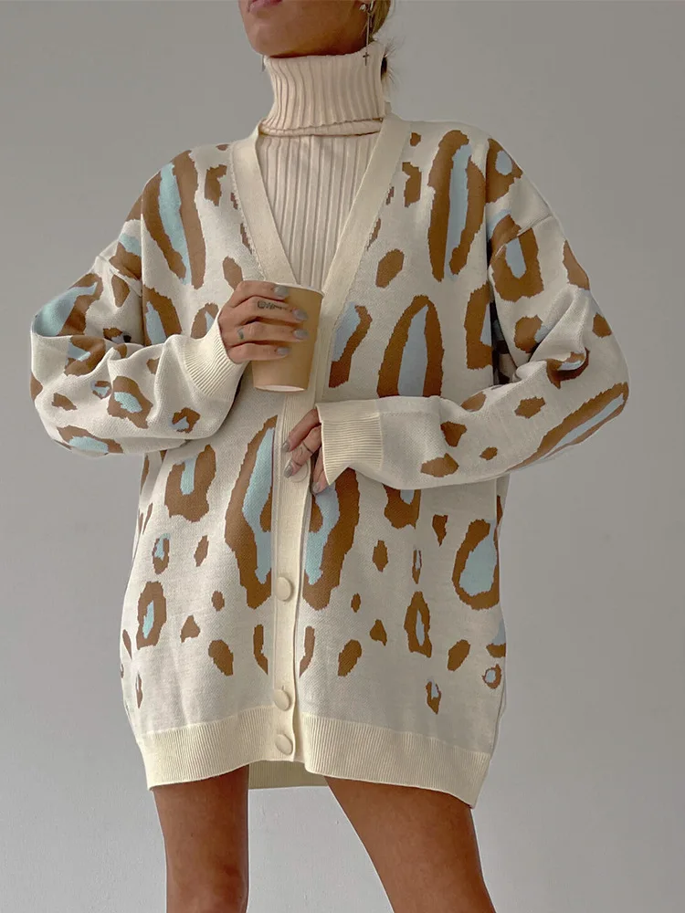 Women Spotted Single Breasted Sweater Cardigan Ladies Winter Loose Long Sleeve V Neck Leopard Knitted Coat Casual Sweaters Tops
Women Spotted Single Breasted Sweater Cardigan Ladies Winter Loose Long Sleeve V Neck Leopard Knitted Coat Casual Sweaters Tops