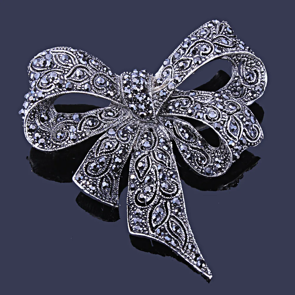 

France Vintage Black Bowknot Brooches for Women Classic Rhinestone Bow Flower Party Office Brooch Pins Coat Accessories Gifts