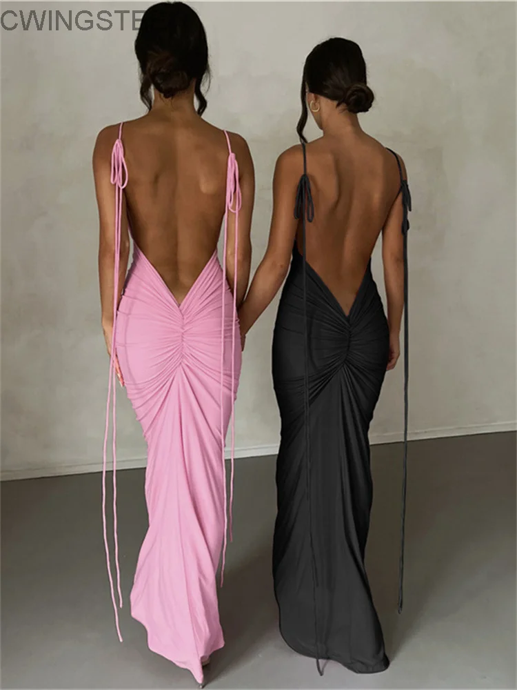 

Модное Длинное облегающее платье с открытой спиной и рюшами, вечернее черное вечерние платье, женское элегантное Лаконичное платье макси, лето 2023
