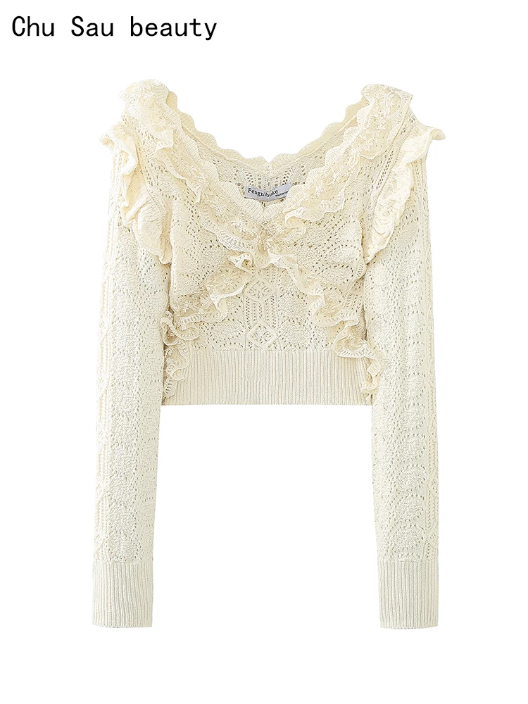 

Chu Sau beauty 2023 Женский Осенний Модный милый эластичный вязаный пуловер с вырезами шикарный кружевной короткий свитер Облегающие джемперы