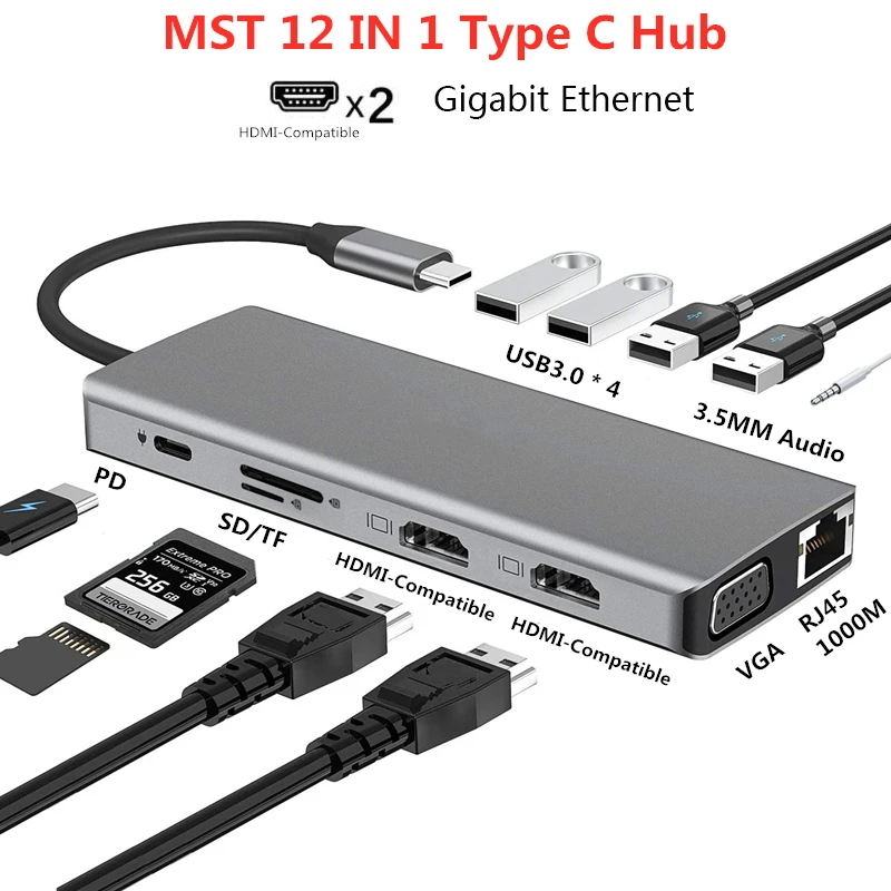 

MST Triple Display USB C Hub Dual Monitor Adapter Laptop Hub USB C to 2 HDMI 4K+VGA+Ethernet+100W PD+4USB+Audio for MacBook Pro