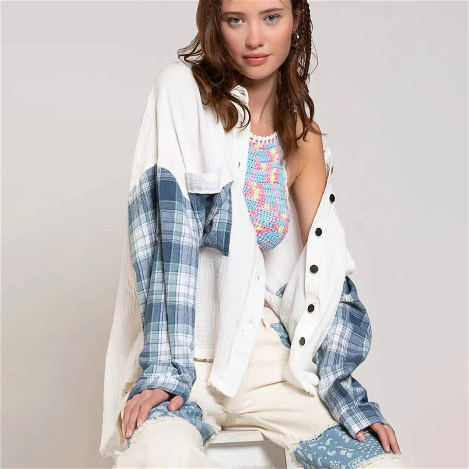 Women Long Sleeve Loose Jacket Fashion Vintage Plaid Patchwork Solid Color Coat Jacket Casual Spring Autumn Top Outerwear
Women Long Sleeve Loose Jacket Fashion Vintage Plaid Patchwork Solid Color Coat Jacket Casual Spring Autumn Top Outerwear