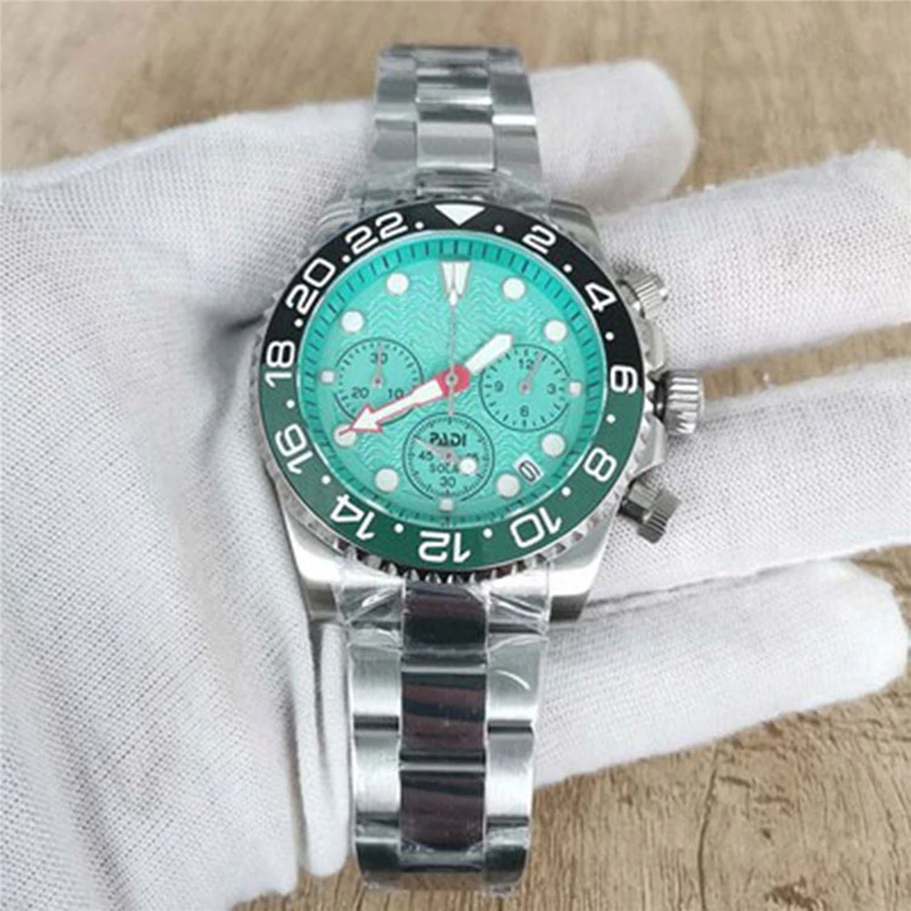 New 40MM Men Quartz Watch SUB/GMT Steel Case Dual Color Bezel 6-pin Cyan Dial Chrono Watch Japan VK63 Movement
New 40MM Men Quartz Watch SUB/GMT Steel Case Dual Color Bezel 6-pin Cyan Dial Chrono Watch Japan VK63 Movement
