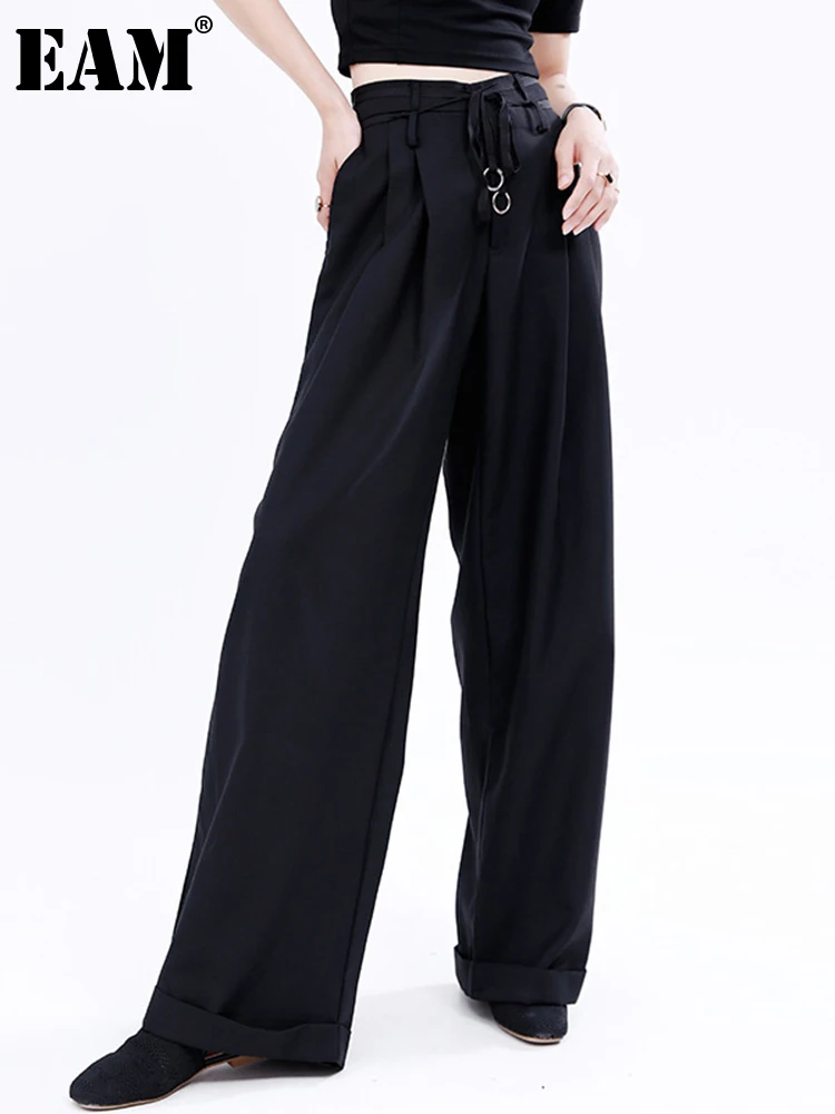 [EAM] Черные плиссированные облегающие длинные широкие брюки с высокой талией