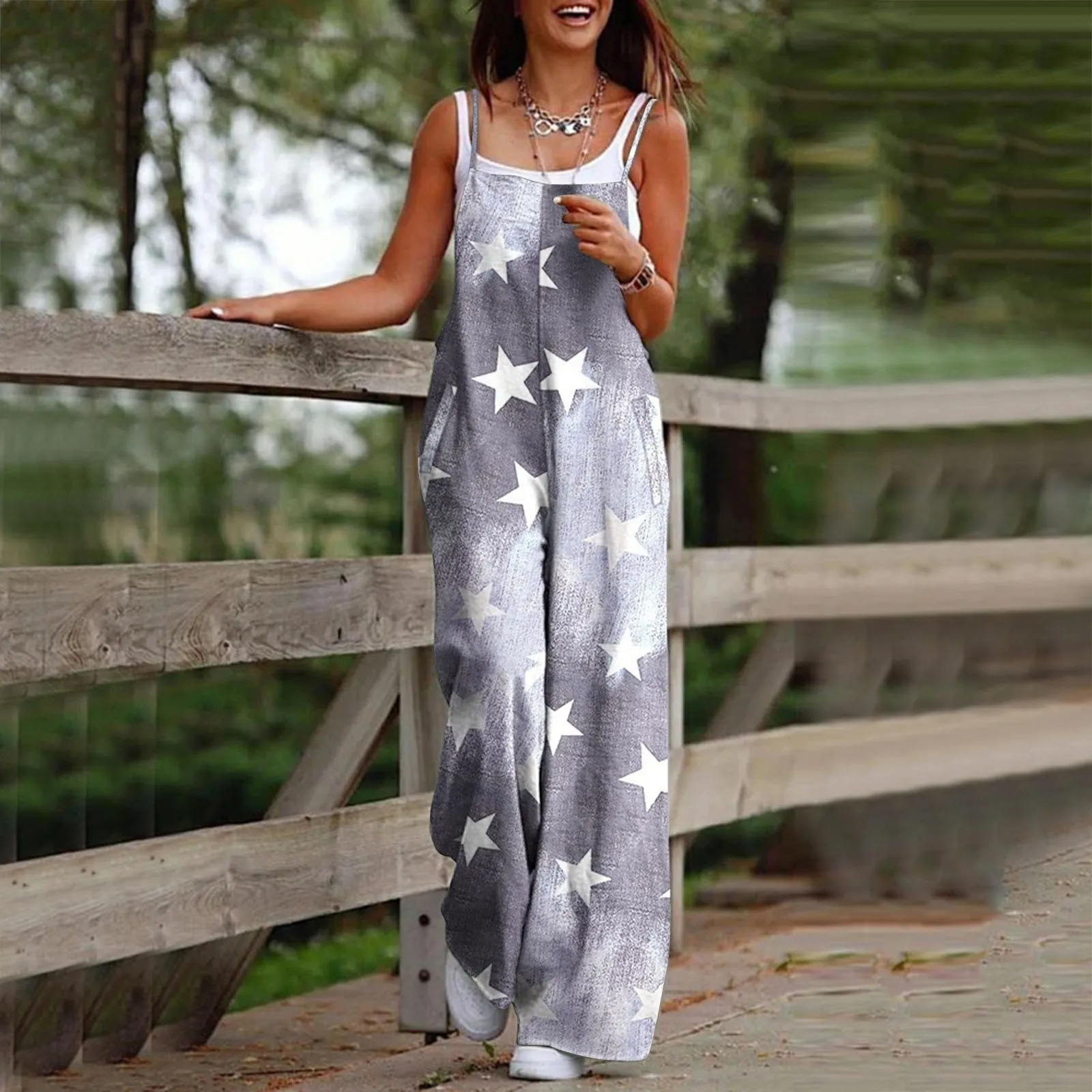 Vintage Star Jumpsuit Women Spaghetti Strap Sleeveless Loose Wide Leg Rompers Pocket Wide Leg Pants Summer Bib Overalls Outfits
Vintage Star Jumpsuit Women Spaghetti Strap Sleeveless Loose Wide Leg Rompers Pocket Wide Leg Pants Summer Bib Overalls Outfits