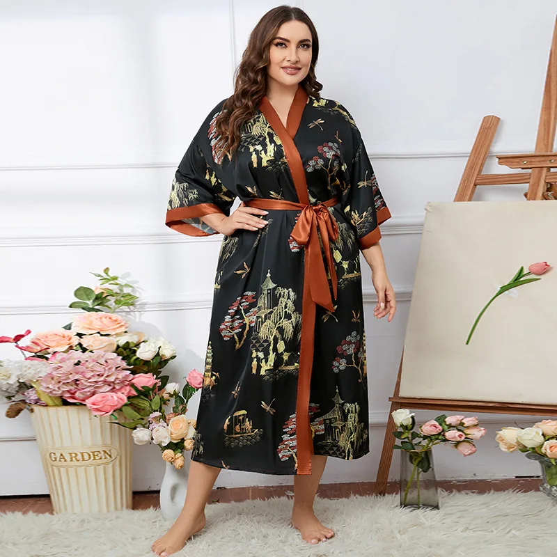 

Oversize Women Long Kimono Robe Print Satin Bathrobes V-Neck Loose Sleepdress Nightgown with Belt Rayon Gown Loungewear