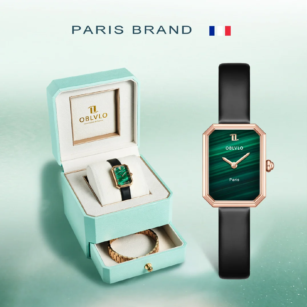 OBLVLO Women Quartz Watch Rose Gold Case Gift Leather Strap Malachite Dial Diamond Surface Sapphire Small Square Clock 23mm LW2
OBLVLO Women Quartz Watch Rose Gold Case Gift Leather Strap Malachite Dial Diamond Surface Sapphire Small Square Clock 23mm LW2