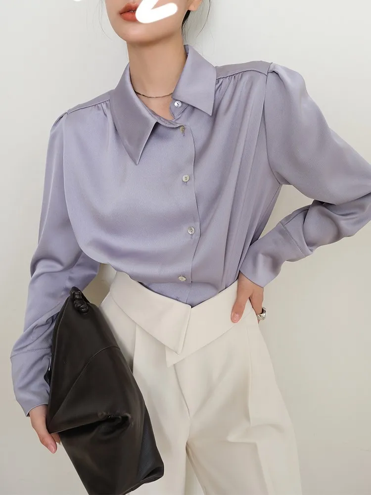 Элегантная Женская атласная рубашка с отложным воротником, однобортная Свободная Женская блузка с длинным рукавом, весна-осень 2022 
Элегантная Женская атласная рубашка с отложным воротником, однобортная Свободная Женская блузка с длинным рукавом, весна-осень 2022