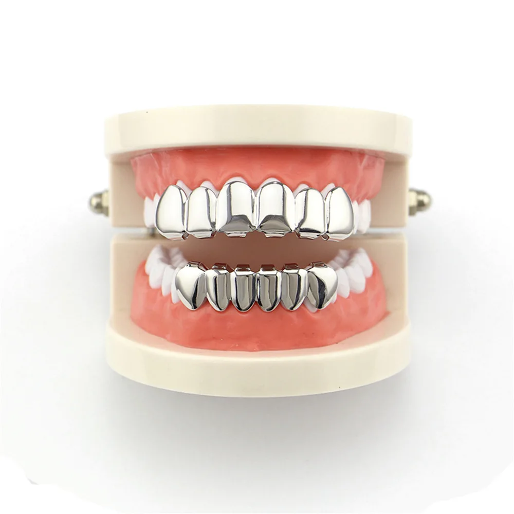 

Free Shipping Fit Gold Silver Plated HIP HOP Teeth Grillz Top & Bottom Vampire Fangs Tooth Grills Caps Set