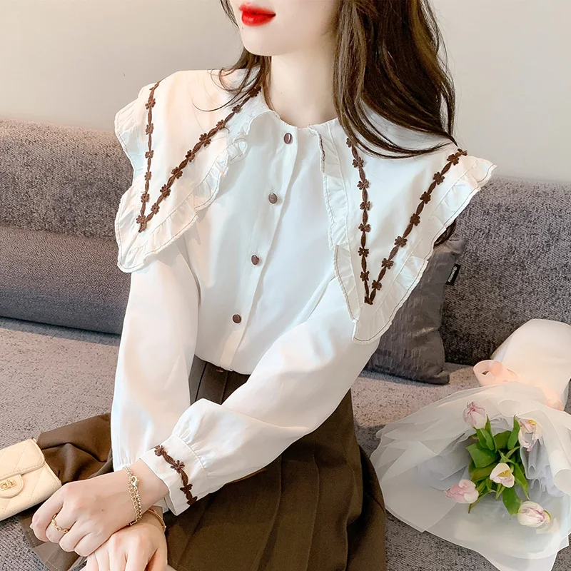 

Женская шифоновая рубашка с длинным рукавом, элегантная приталенная блузка с длинным рукавом и кукольным воротником в Корейском стиле, новинка весны 2023