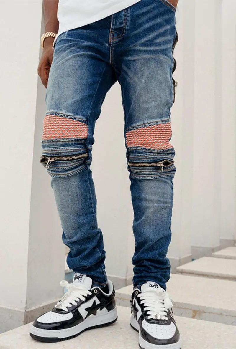 2022 New Design Streetwear Fashion Men's Jeans Blue Knee Zipper Patch Motorcycle Jeans For Men Hip Hop Casual Denim Pants
2022 New Design Streetwear Fashion Men's Jeans Blue Knee Zipper Patch Motorcycle Jeans For Men Hip Hop Casual Denim Pants