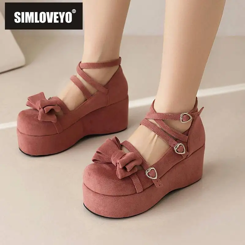 

SIMLOVEYO Lady Pumps Round Toe Wedges Flock Suede Platform Hill 4.5cm Crossover Buckle Strap Bowknot Sweet Daily Big Size 45 46