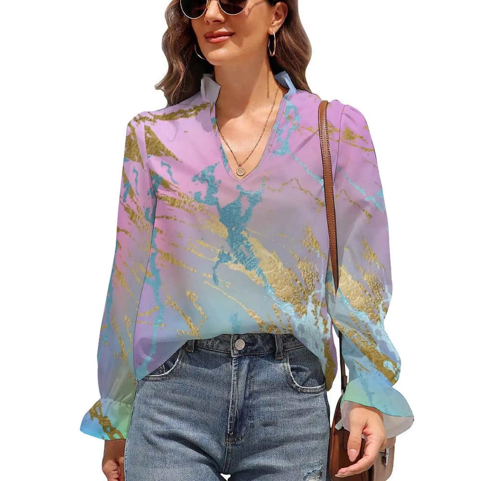 Glod Metallic Blouse Girly Millennial Pastel Ombre Watercolor Classic Chiffon Blouses Summer V Neck Office Shirt Woman Print Top
Glod Metallic Blouse Girly Millennial Pastel Ombre Watercolor Classic Chiffon Blouses Summer V Neck Office Shirt Woman Print Top