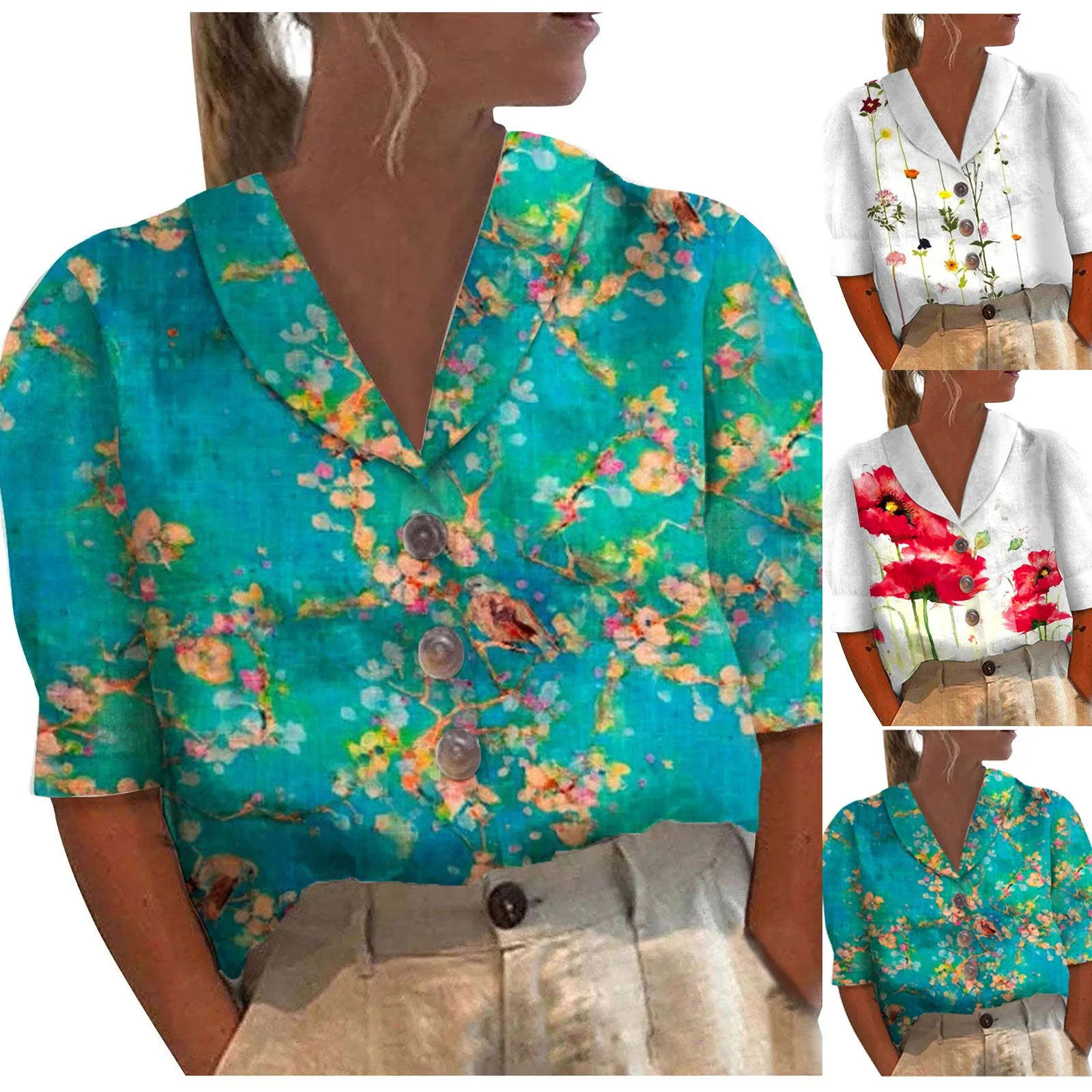 

Рубашка из хлопка и льна, женская блузка с принтом, воротник-стойка, пуговицы, V-образный вырез, короткий рукав, повседневные разноцветные туники, лето 2023