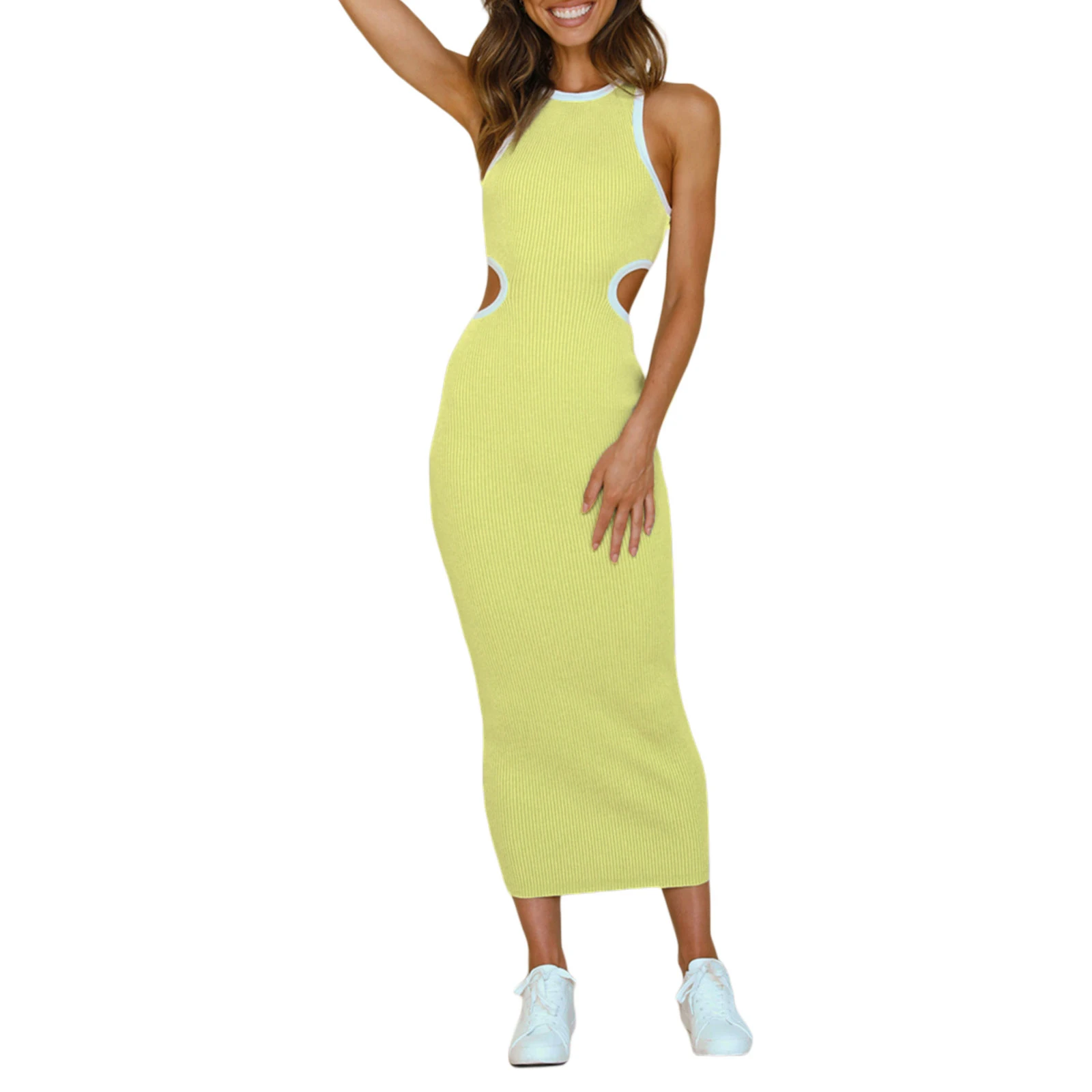 Женское трикотажное платье контрастных цветов, длинное облегающее платье без рукавов с круглым вырезом и вырезами на спине 
Женское трикотажное платье контрастных цветов, длинное облегающее платье без рукавов с круглым вырезом и вырезами на спине