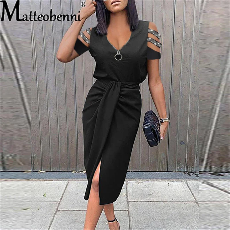 2022 Summer New Women's Fashion Solid Color Zipper V-Neck Short-Sleeve Dress Ladies Sexy Hollow Diamond Folds Slit Midi Dress
2022 Summer New Women's Fashion Solid Color Zipper V-Neck Short-Sleeve Dress Ladies Sexy Hollow Diamond Folds Slit Midi Dress