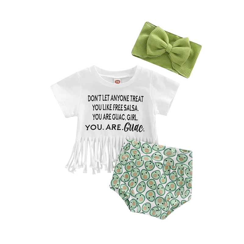 3Pcs Baby's Clothes Girls Sweet Style Outfit Letter Printing Round Collar Short Sleeve Tassels Hem Tops Avocado Shorts Headwear
3Pcs Baby's Clothes Girls Sweet Style Outfit Letter Printing Round Collar Short Sleeve Tassels Hem Tops Avocado Shorts Headwear