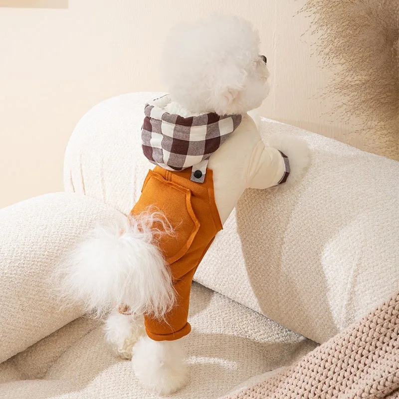 

Хлопковый комбинезон для собак с четырьмя ногами, зимняя Флисовая теплая одежда для собак, клетчатая куртка с капюшоном для маленьких собак...