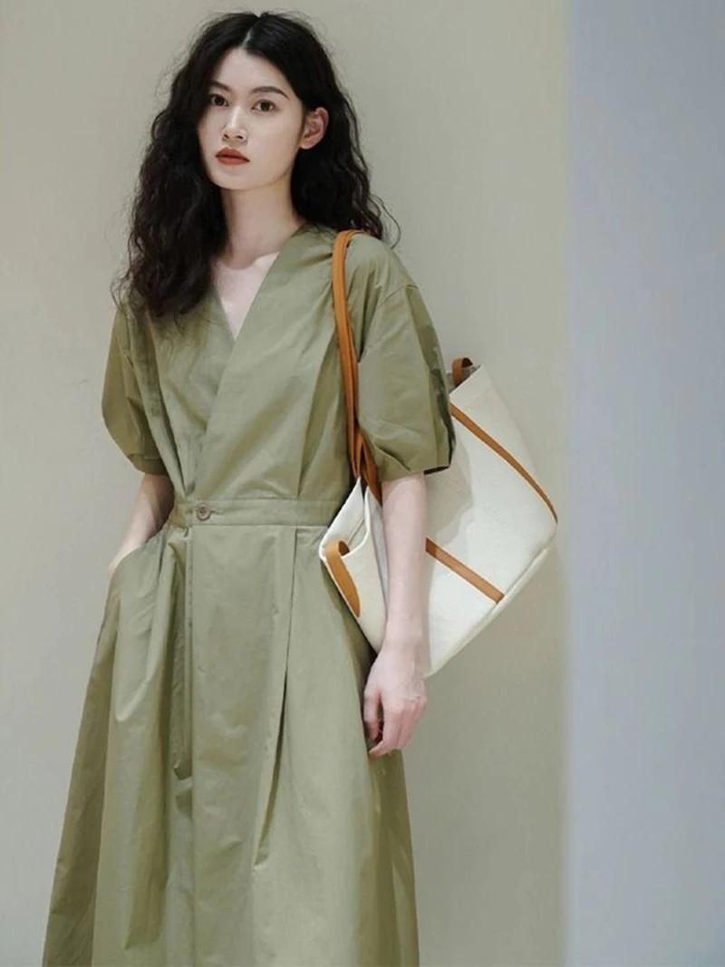 Vintage Solid Linen V-Neck Short Sleeve Elastic Waist Woman Midi Dress Elegant Green Summer 2023 Korean Fashion Women Clothes
Vintage Solid Linen V-Neck Short Sleeve Elastic Waist Woman Midi Dress Elegant Green Summer 2023 Korean Fashion Women Clothes