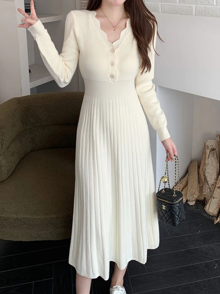 Vintage One Piece Korean Pleated Dress Long Sleeve Slim Woman Sweater Dresses Knitted Elegant Midi Party Women Dress Winter
Vintage One Piece Korean Pleated Dress Long Sleeve Slim Woman Sweater Dresses Knitted Elegant Midi Party Women Dress Winter