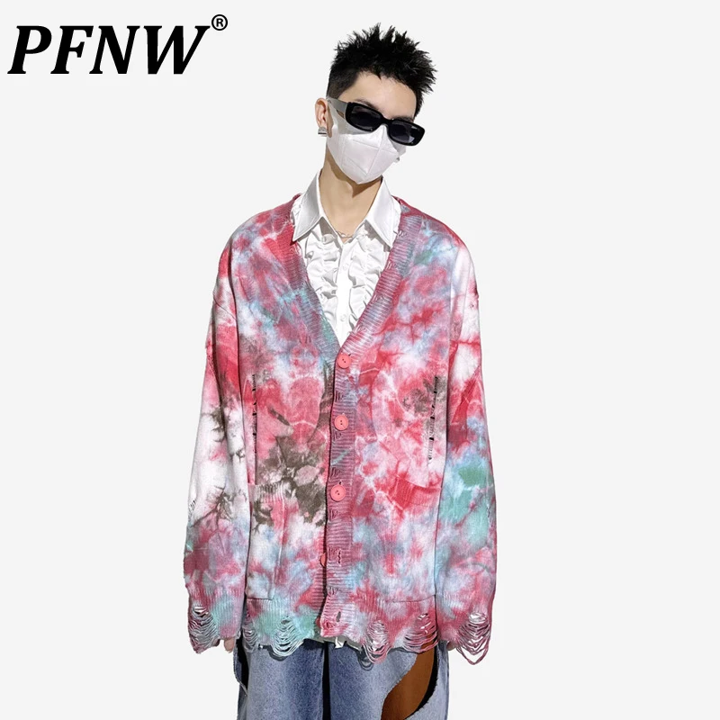 

PFNW Spring Autumn New Men's Colors Contracted Tie Dyed Knitted Cardigan Vintage Niche Baggy Streeetwear Fashion Sweater 28A1579