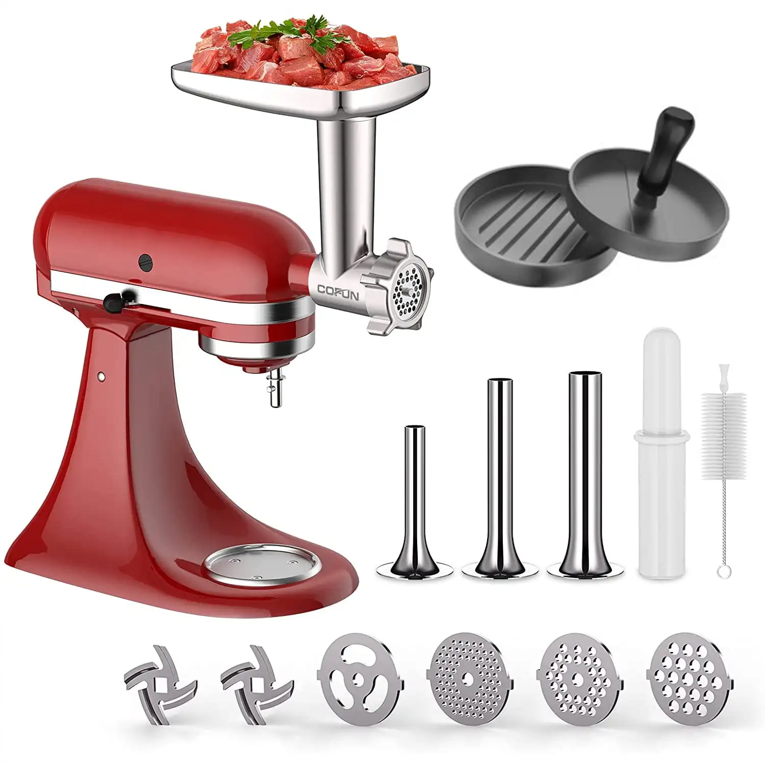 Meat Grinder , Metal Food Grinder Attachment for KitchenAid Stand Mixer Includes 4 Grinding Plates, 3 Sausage Stuffer Tubes, 2 G
Meat Grinder , Metal Food Grinder Attachment for KitchenAid Stand Mixer Includes 4 Grinding Plates, 3 Sausage Stuffer Tubes, 2 G