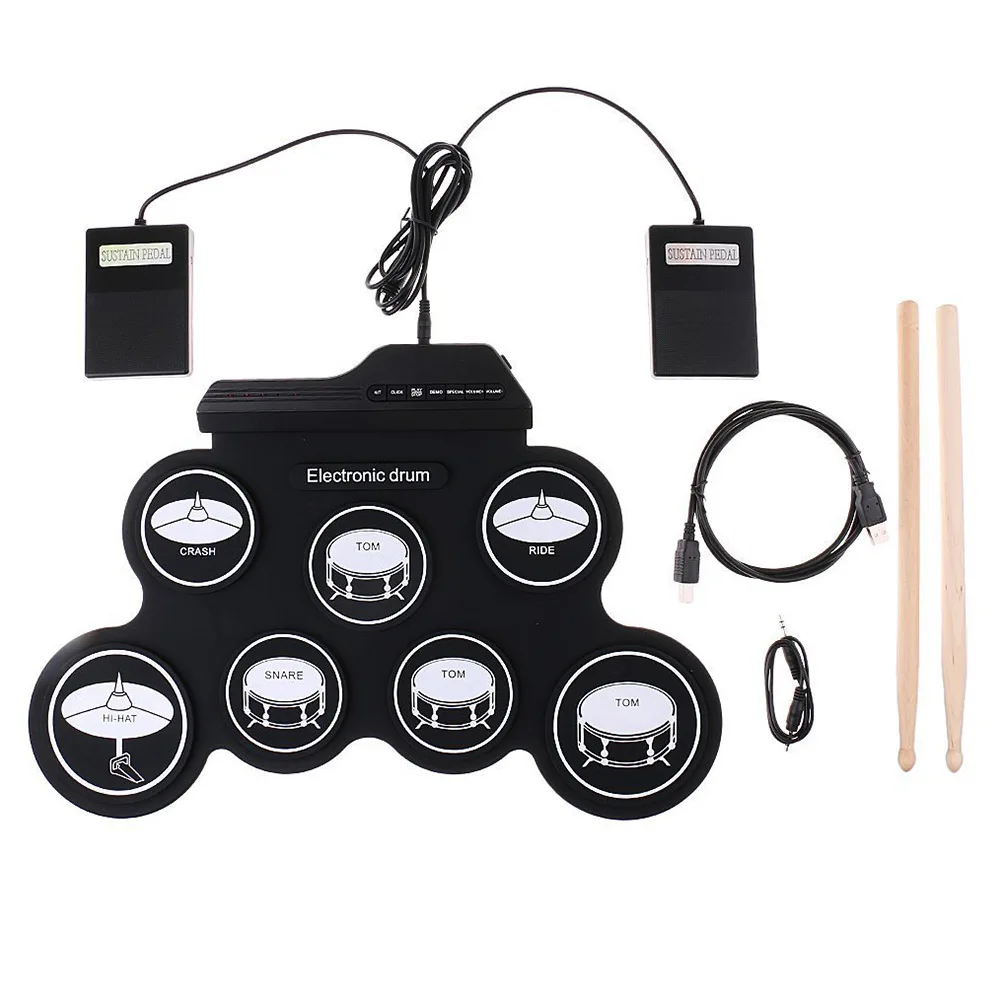 Foldable Roll Up Silicone Electric Drum Set 7 Pads With Drumsticks Foot Pedals Drum Sticks Audio USB Power Cable Sustain Pedal
Foldable Roll Up Silicone Electric Drum Set 7 Pads With Drumsticks Foot Pedals Drum Sticks Audio USB Power Cable Sustain Pedal