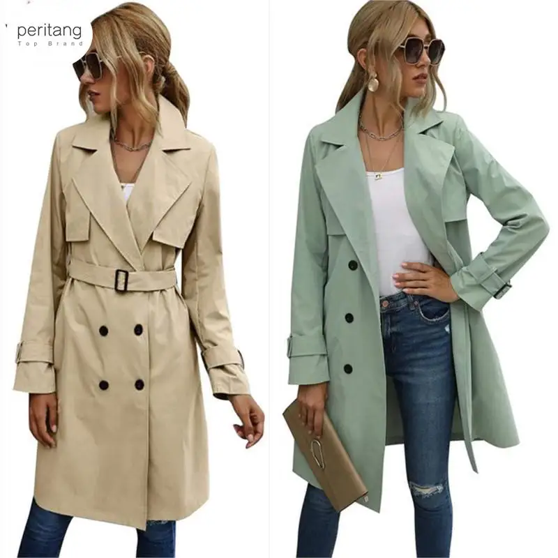 

Fashion Women Casual Solid Color Coat Adults Autumn Elagant Fashion Long Sleeve Lapel NeckDouble Breasted Belted Trench Coat