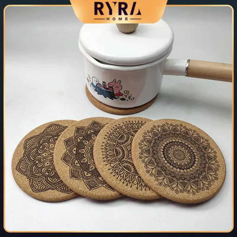 

1 Set Non-slip Wooden Coasters Table Mat With Rack Nordic Mandala Round Cork Coaster Coffee Cup Pad Nordic Mandala Design 6pcs