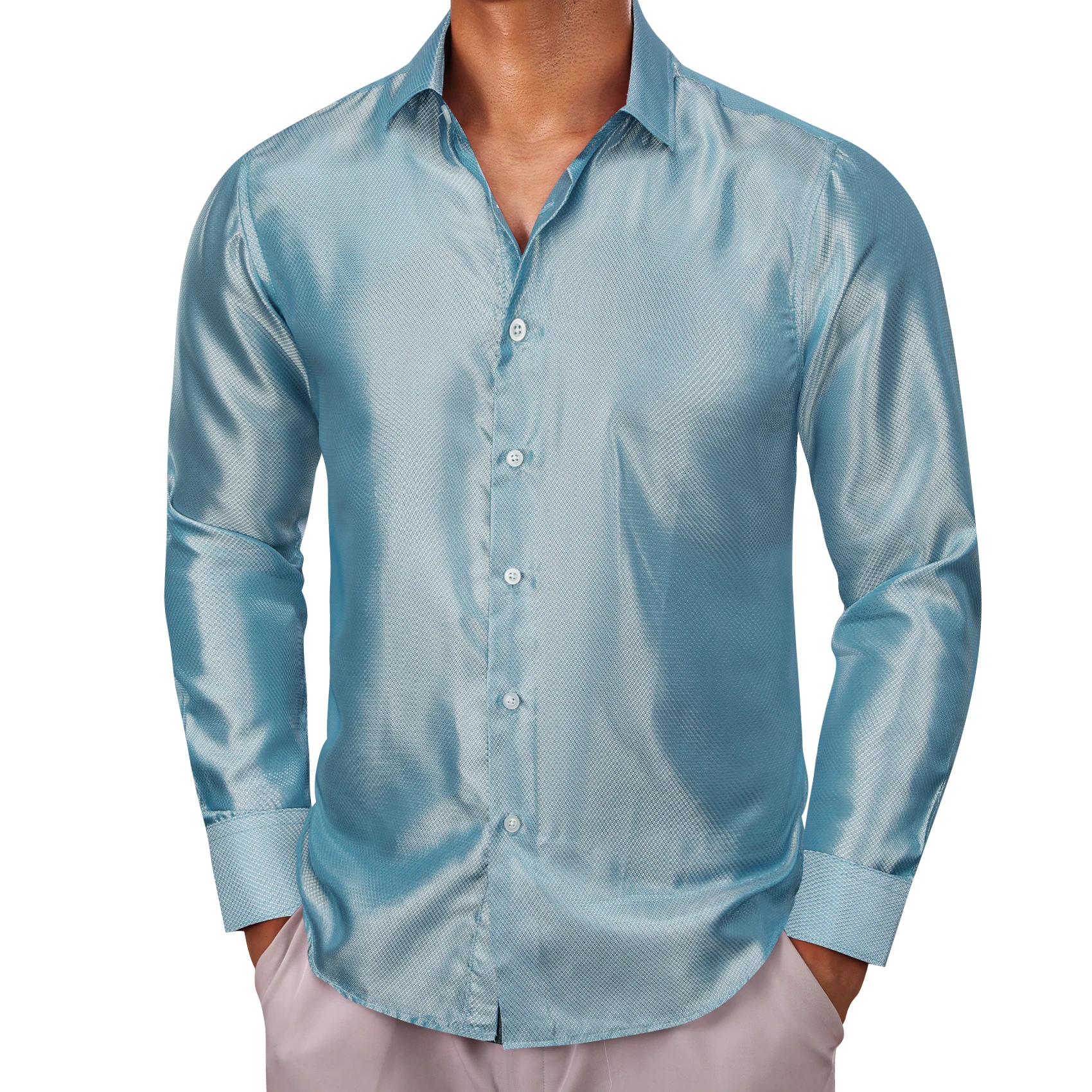 

Роскошные рубашки для мужчин, шелковые, с длинным рукавом, синие, однотонные, приталенные, мужские блузки, повседневные, с отворотом, топы, дышащие, уличная одежда, Barry Wang