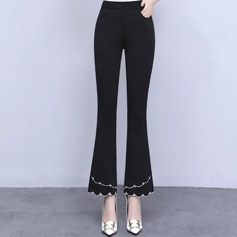 Spring New High Waist Embroidered Flare Pants Plus Size Solid Color Slim Thin Trousers Comfortable Simplicity Women Clothing 
Spring New High Waist Embroidered Flare Pants Plus Size Solid Color Slim Thin Trousers Comfortable Simplicity Women Clothing